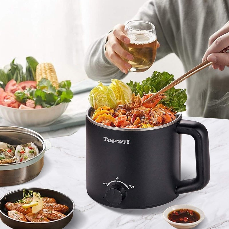 TopWit Hot Pot Electric, Electric Pot, 1.6L Ramen Cooker, Multifunctional Cooker for Pasta, Shabu-Shabu, Oatmeal, Soup and Egg with Over-Heating Protection, Boil Dry Protection, Black - Image 2